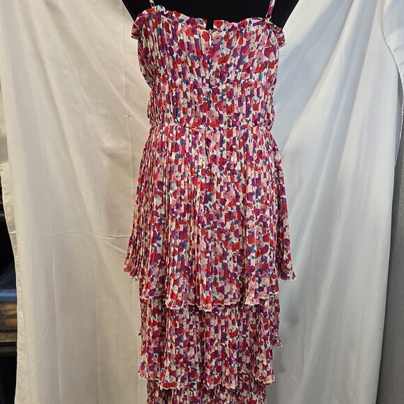 Lucy Paris Dress Floral Pleated Size Medium Red Purple Ruffles Adjustable Straps - Picture 7 of 10